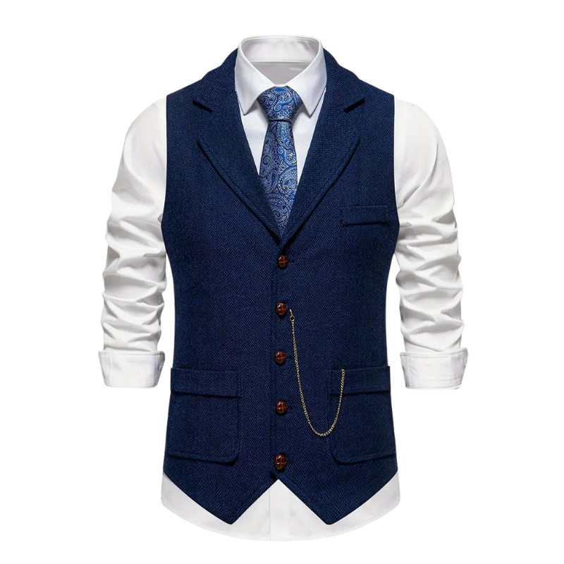 Close-up of men's elegant herringbone waistcoat texture, suitable for formal events or smart casual outfits.