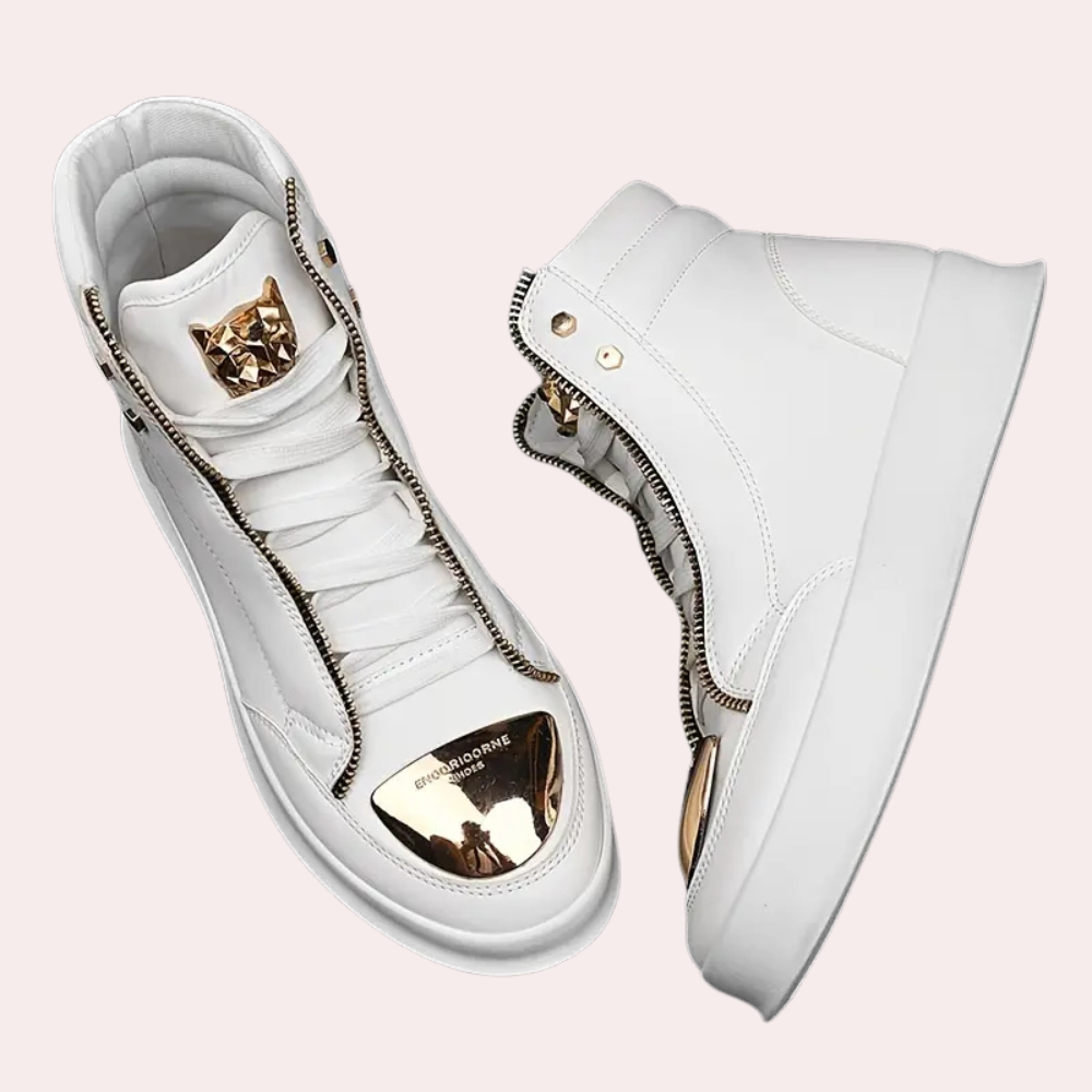 Black men's high top sneakers with urban style, offering comfort & a sleek look for casual wear.