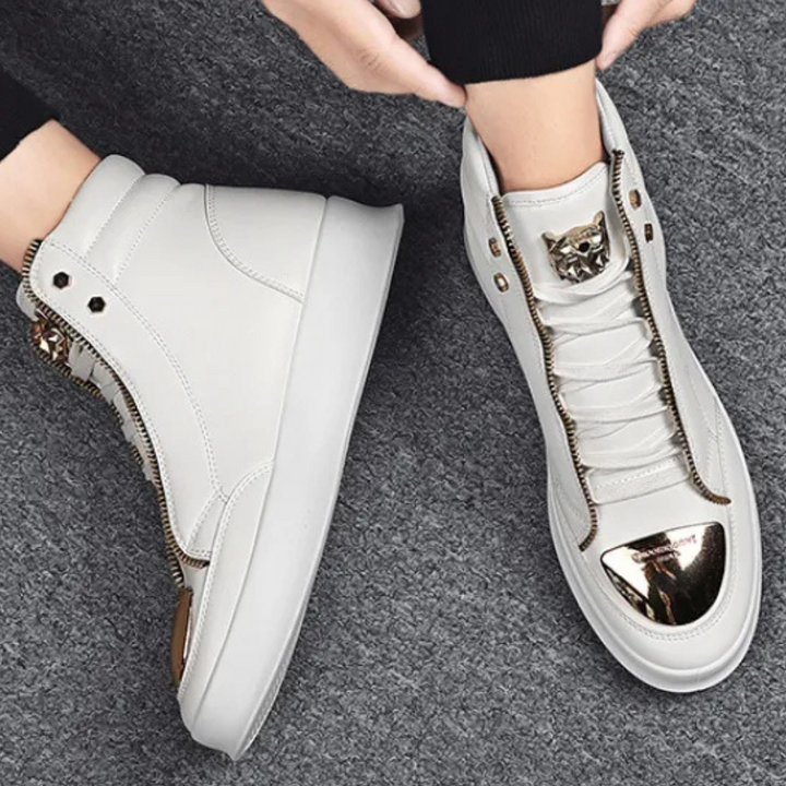 Red men's high top fashion sneakers. Bold urban style, comfortable and perfect for streetwear and casual looks.