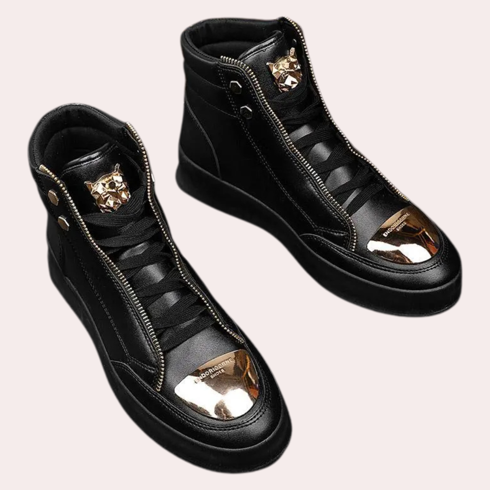 White men's high top urban style sneakers. Comfortable, versatile casual footwear for daily fashion.