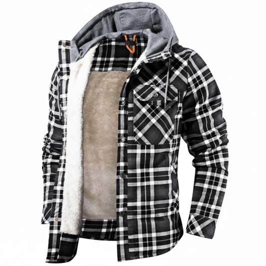 Men's hooded outdoor jacket, warm winter coat for cold weather adventures.