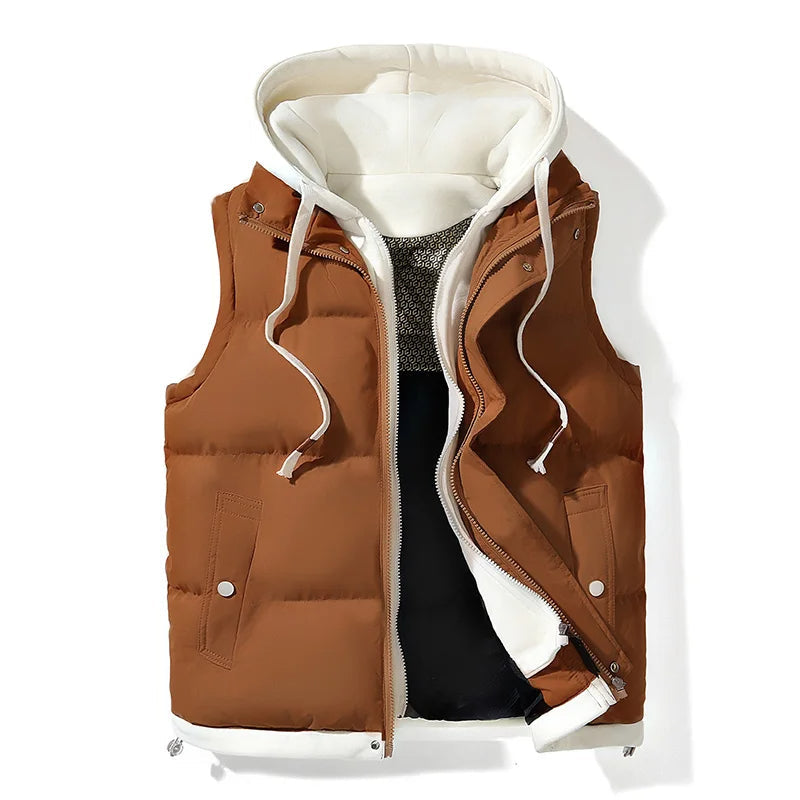 Men's hooded puffer gilet vest for warm layering. Ideal casual fall/winter outerwear.