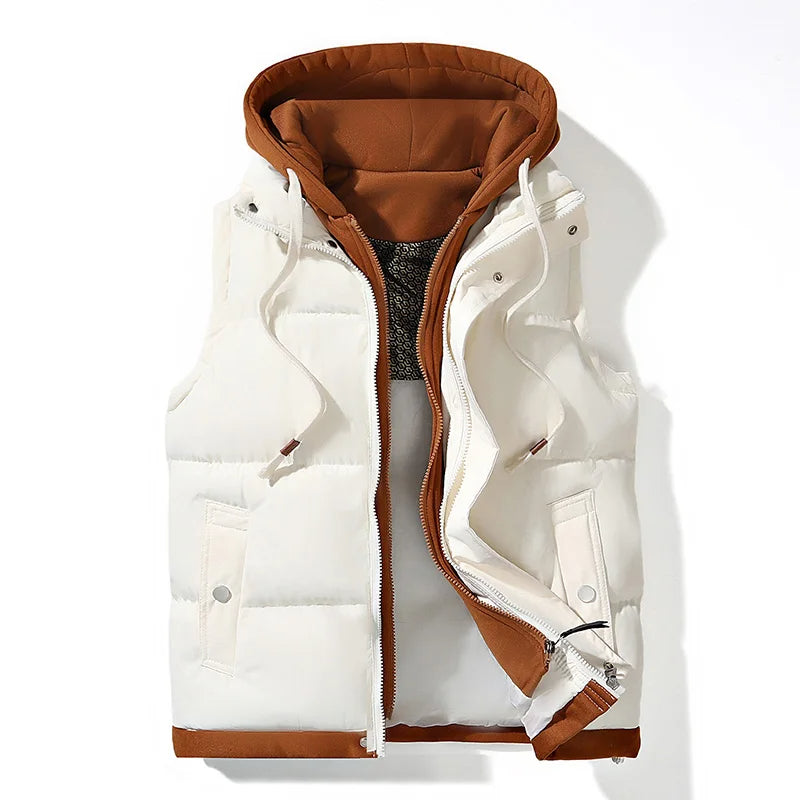 Zip-up men's hooded puffer gilet vest, providing warm & stylish layering for cold weather.