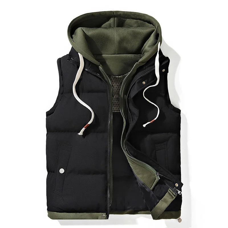 Stylish men's hooded puffer vest for casual wear. A warm, lightweight outerwear layer for fall & winter.