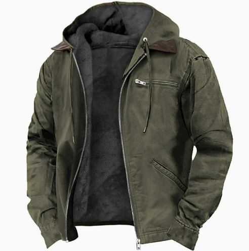Hooded men's lightweight jacket for transitional weather. Provides protection and style for spring & fall outdoor wear.