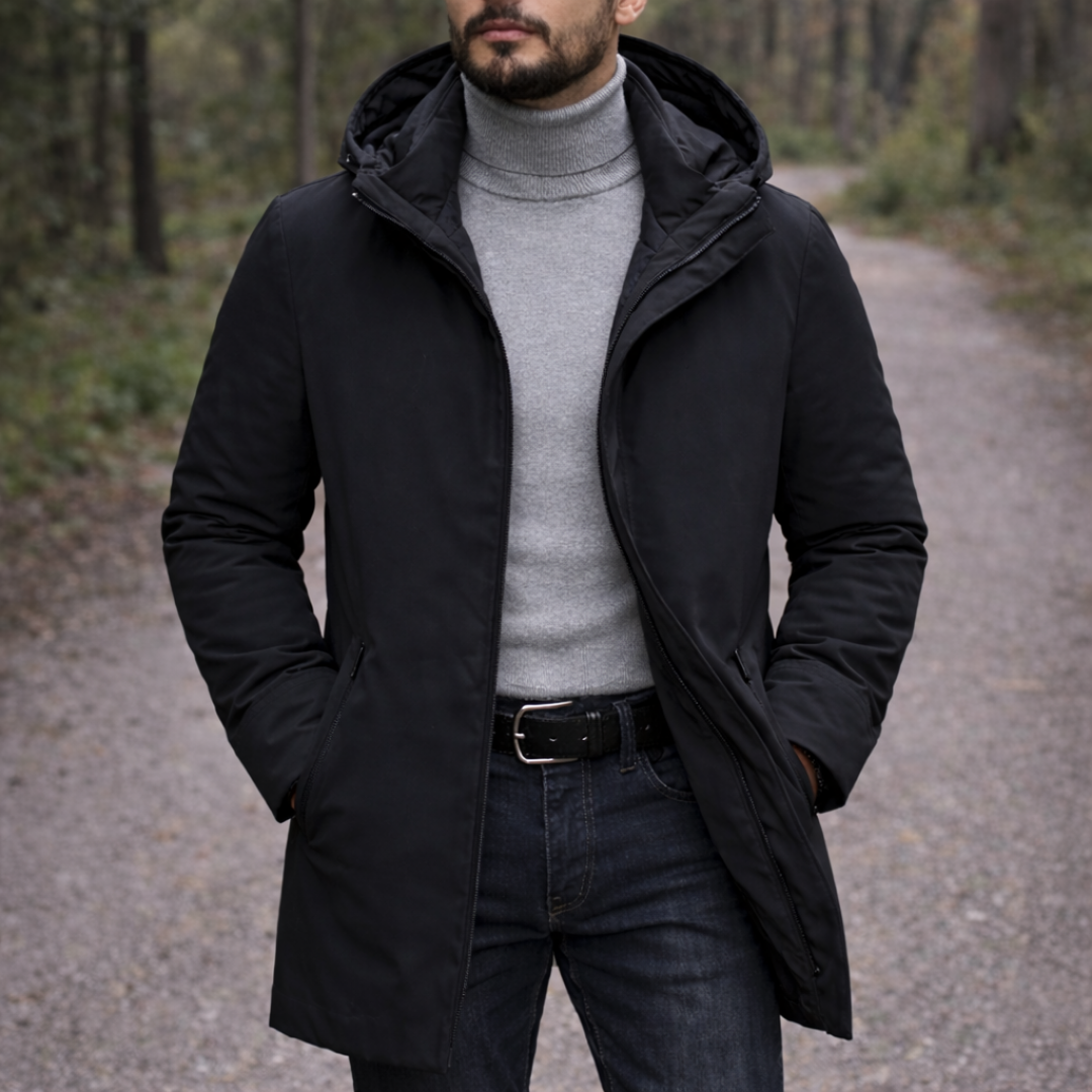 Men's hooded winter coat in black, perfect for cold weather. Weather-resistant urban style outerwear.