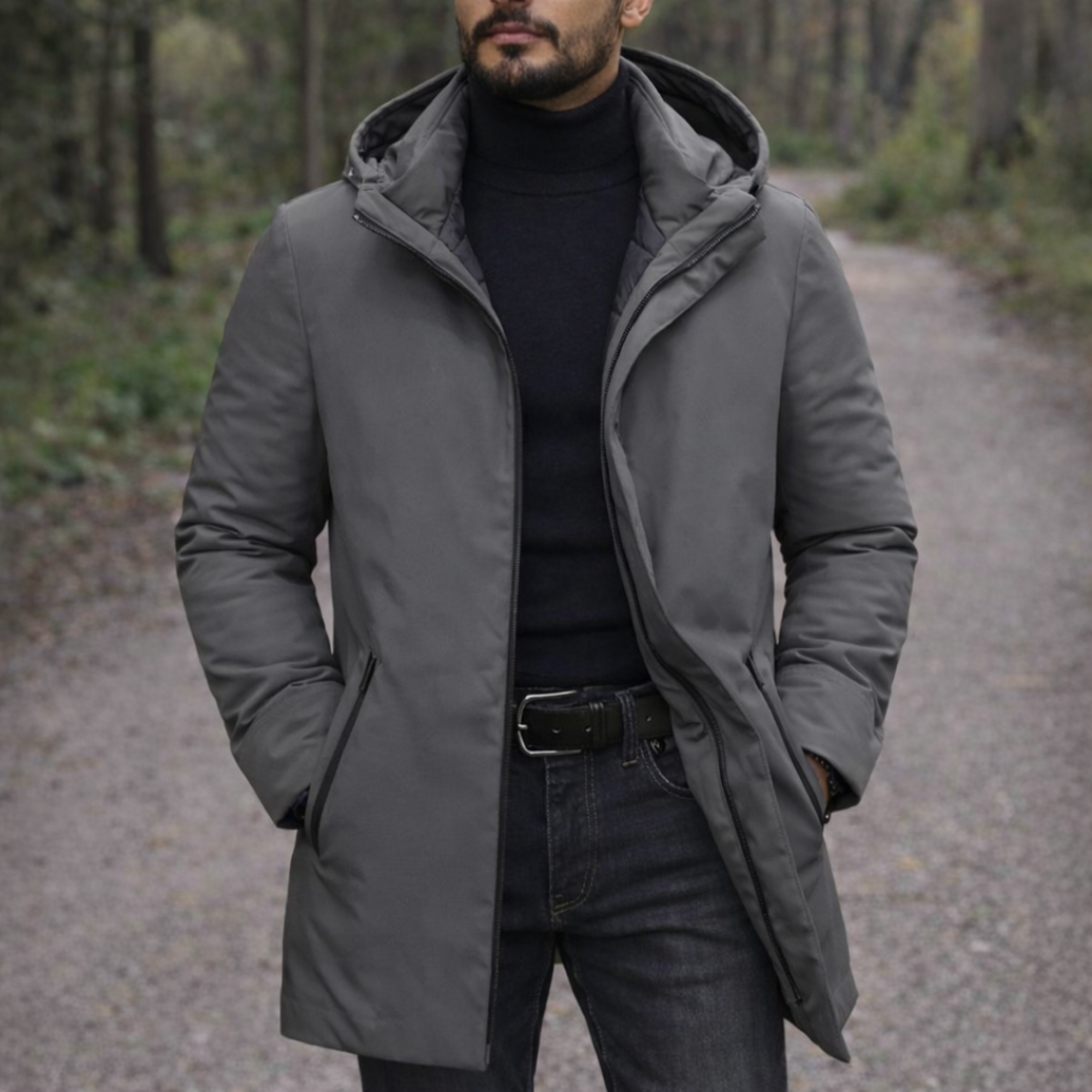 Versatile men's outerwear: a warm, hooded winter coat with weather-resistant fabric for urban style.