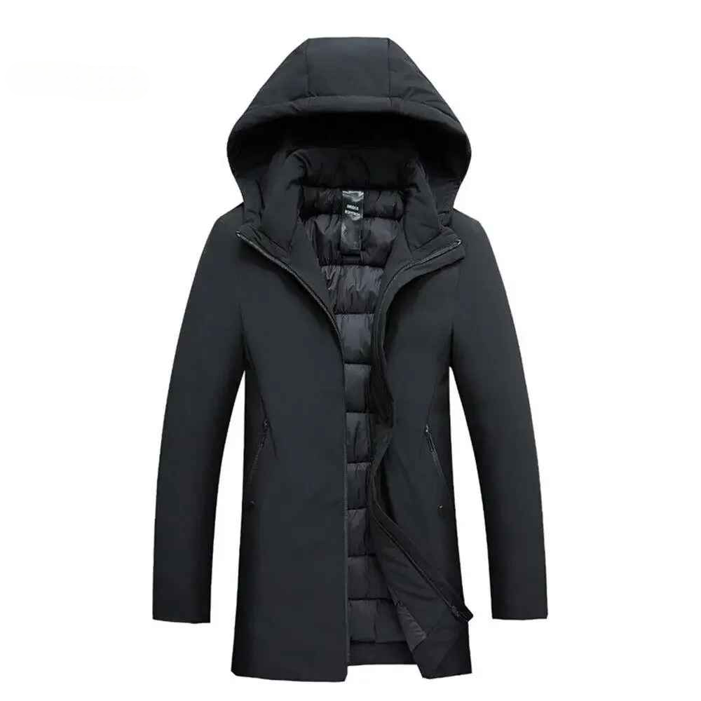 Model wearing a men's black hooded winter coat, showcasing its urban style & cold weather protection.