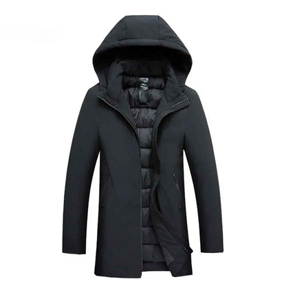 Model wearing a men's black hooded winter coat, showcasing its urban style & cold weather protection.