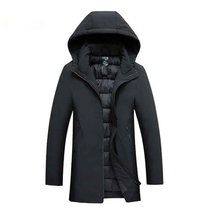 Model wearing a men's black hooded winter coat, showcasing its urban style & cold weather protection.