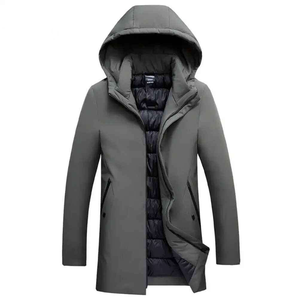 Premium men's winter coat with hood, offering superior cold weather insulation and weather-resistant durability.