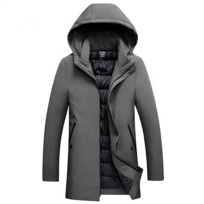 Premium men's winter coat with hood, offering superior cold weather insulation and weather-resistant durability.