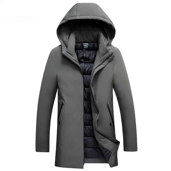 Premium men's winter coat with hood, offering superior cold weather insulation and weather-resistant durability.
