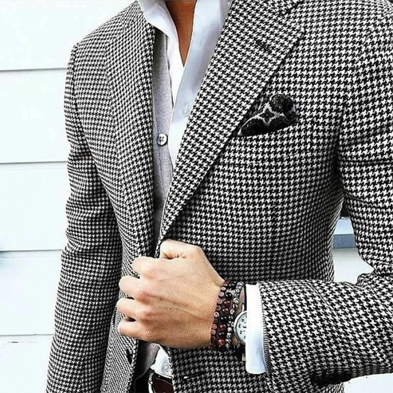 Men's houndstooth check blazer with notch lapel and button closure. Versatile formal & casual men's fashion.