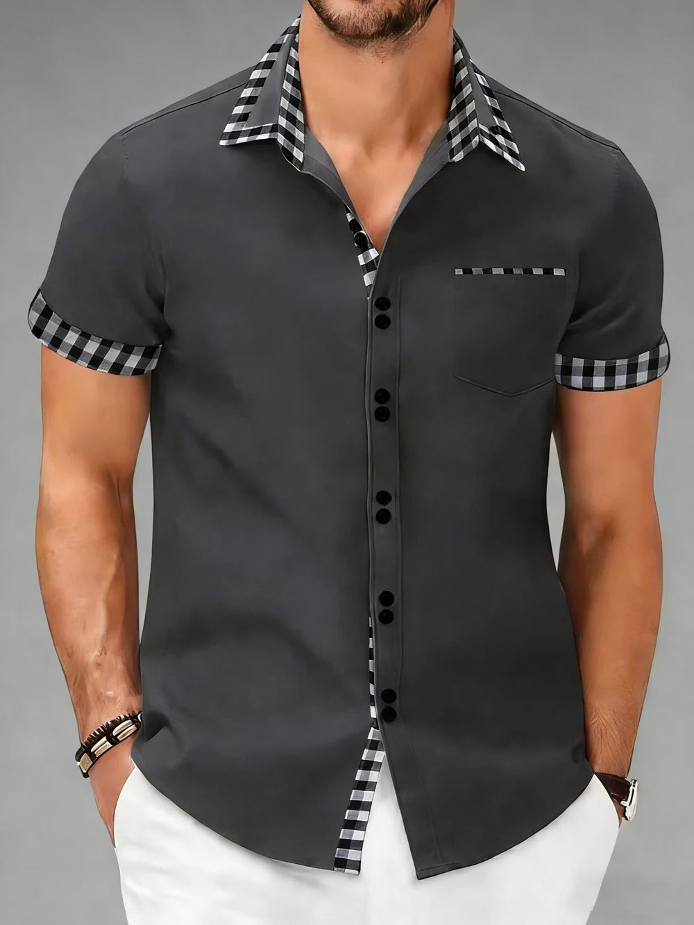 Man wearing a Hudson checkered tailored button-up shirt. Versatile for smart casual & business events.