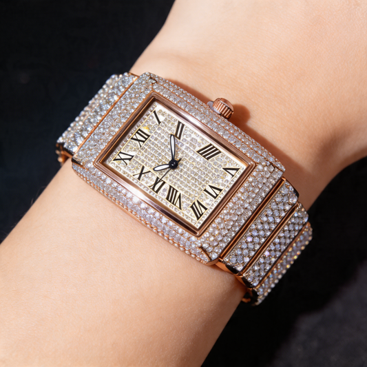 Men's iced square face quartz watch with brilliant bling design and precise timekeeping.