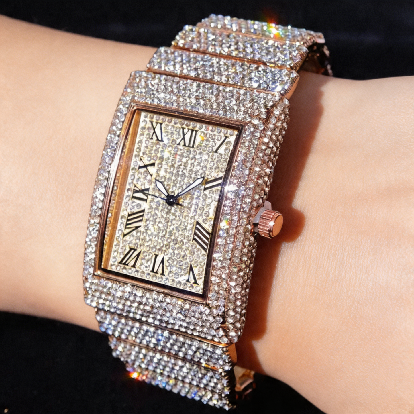 Luxurious rose gold men's iced square face quartz watch, a stunning fashion statement piece.