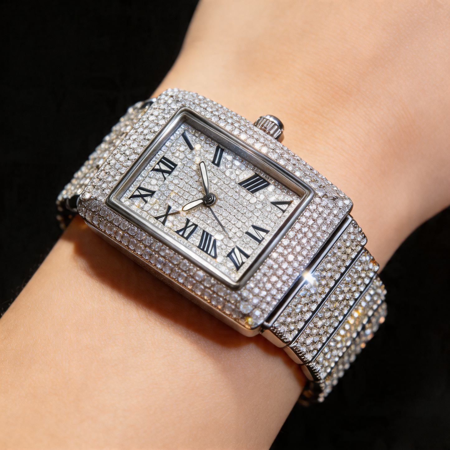Sleek silver men's iced square face quartz watch, perfect for a modern, stylish bling look.