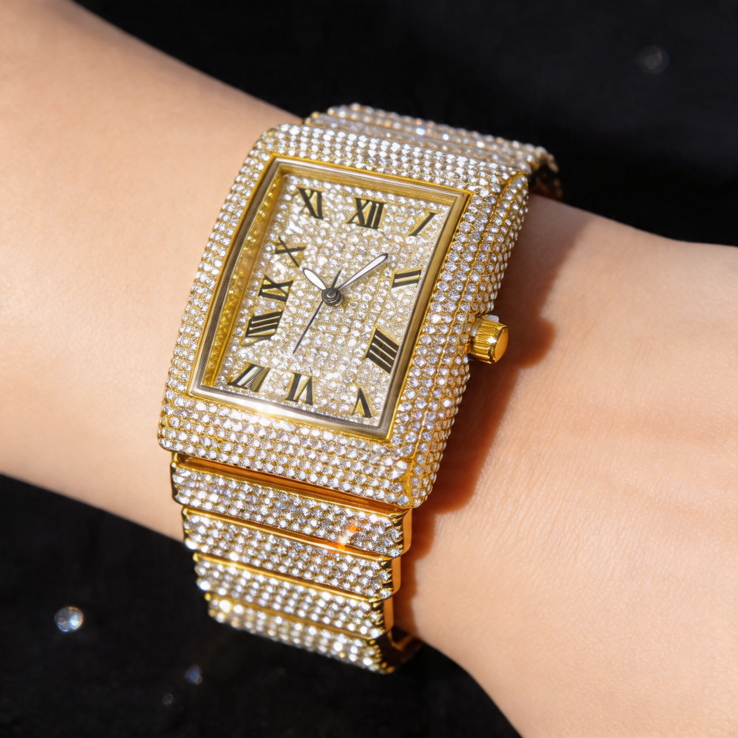 Bold gold men's iced square face quartz watch, a dazzling statement timepiece with quartz movement.