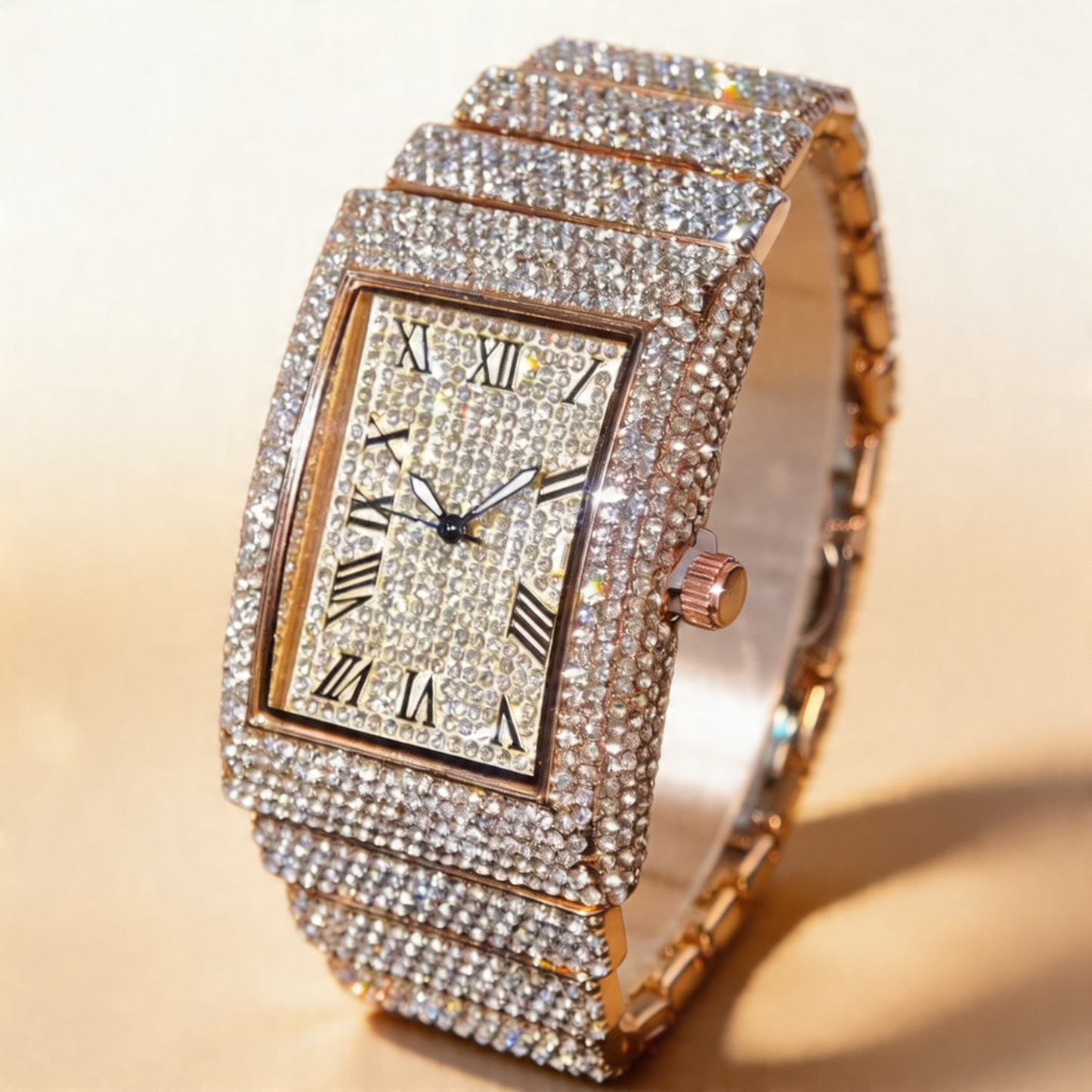 Iced men's square face quartz watch, featuring sparkling crystals for a trendy bling appeal.