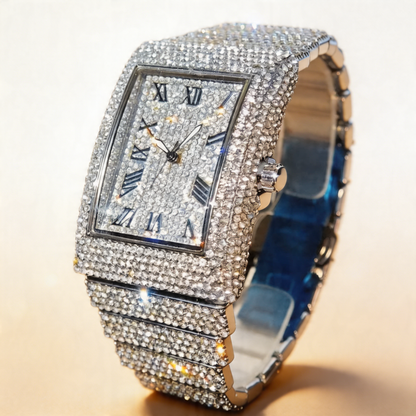 Fashionable men's iced square face quartz watch, an eye-catching statement accessory.