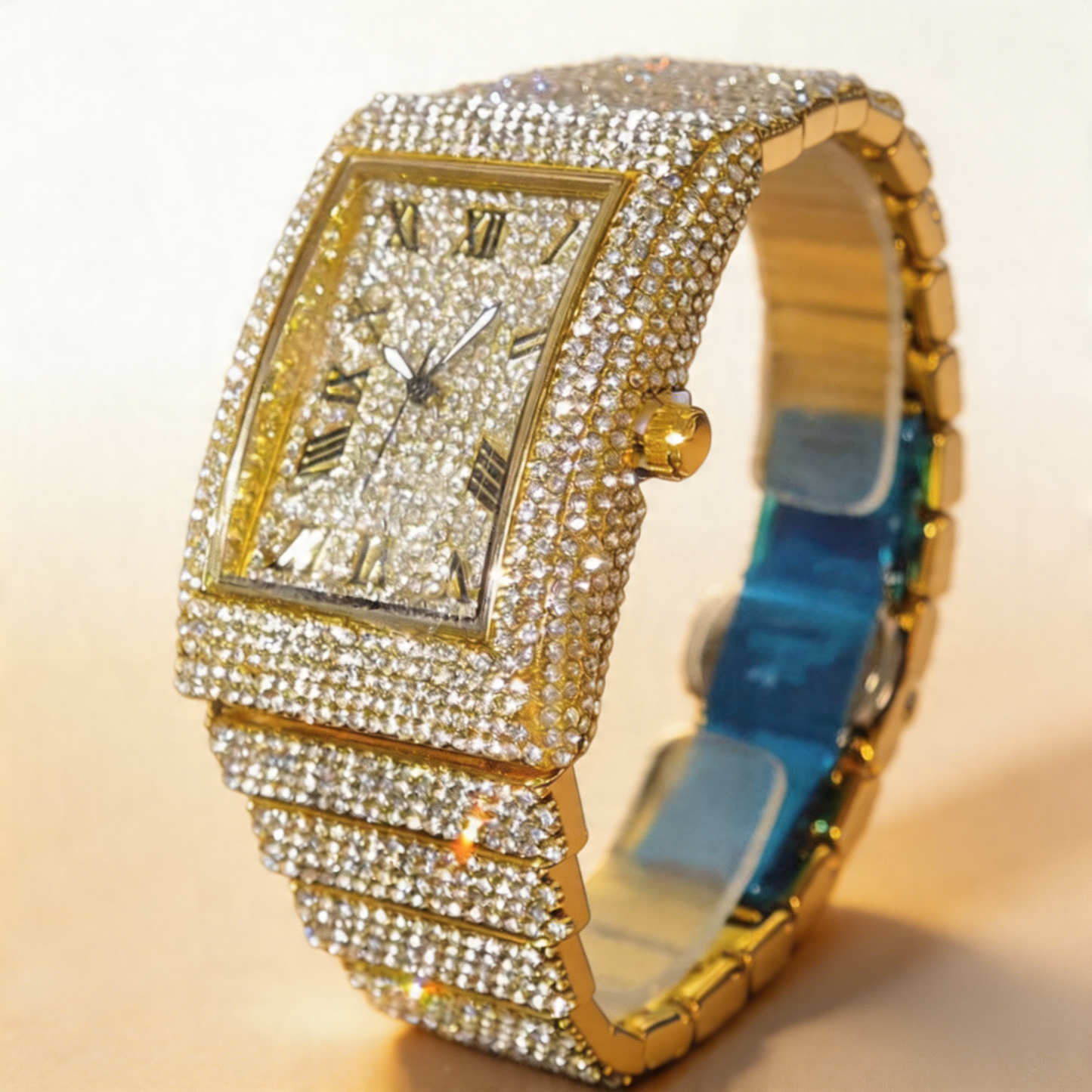 High-quality men's iced square face quartz watch, durable and designed for a luxurious style.