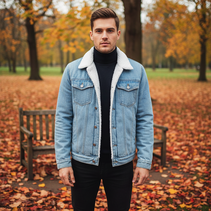 Men's insulated black denim jacket with cozy fleece lining & button-front closure, ideal for cold weather.
