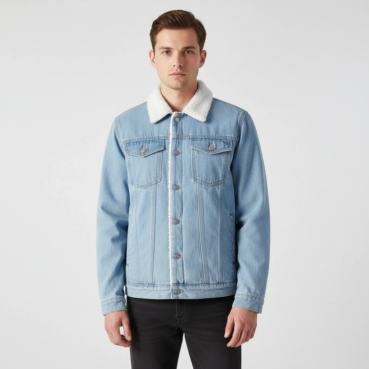 Casual men's blue denim button jacket. Insulated with soft fleece, featuring utility pockets for autumn.