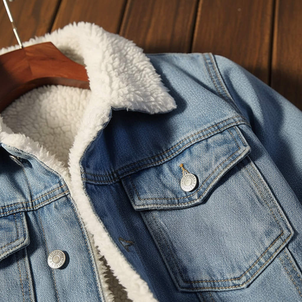 Timeless men's insulated denim jacket with buttons. Fleece-lined for warmth & style in winter outerwear.