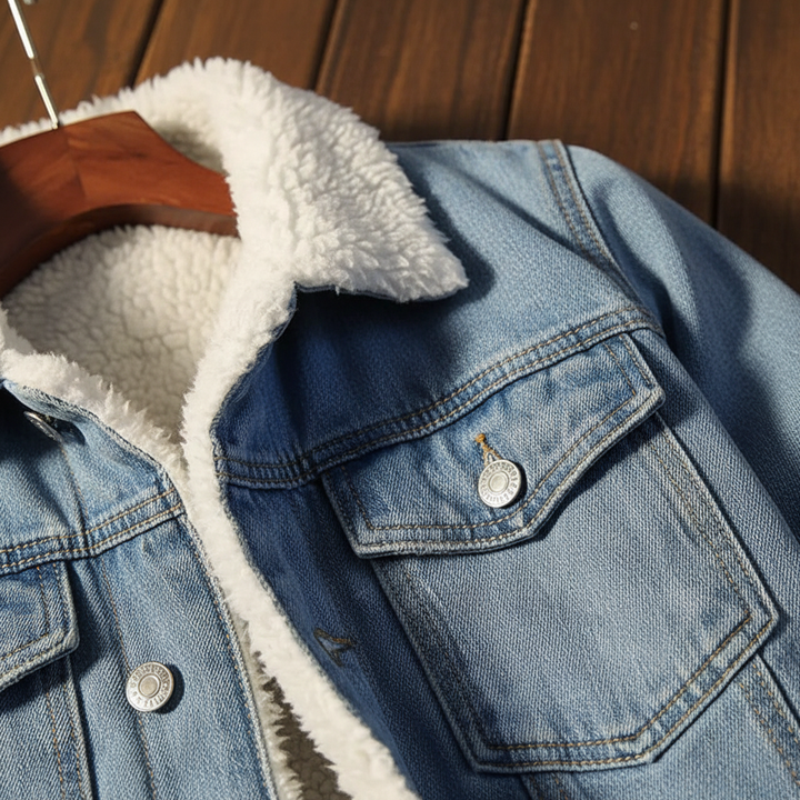 Timeless men's insulated denim jacket with buttons. Fleece-lined for warmth & style in winter outerwear.