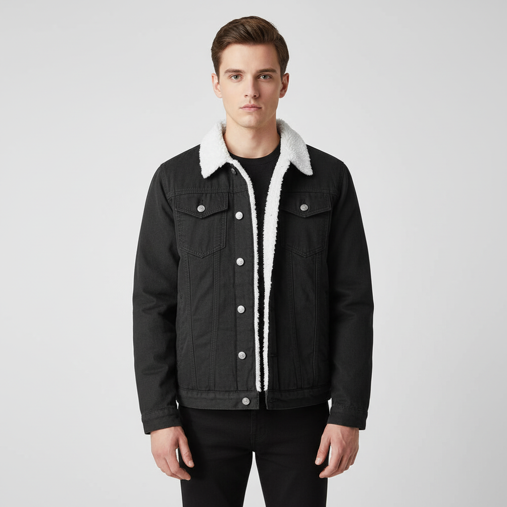 Black men's insulated denim button-front jacket with a soft fleece lining, perfect for chilly autumn days.