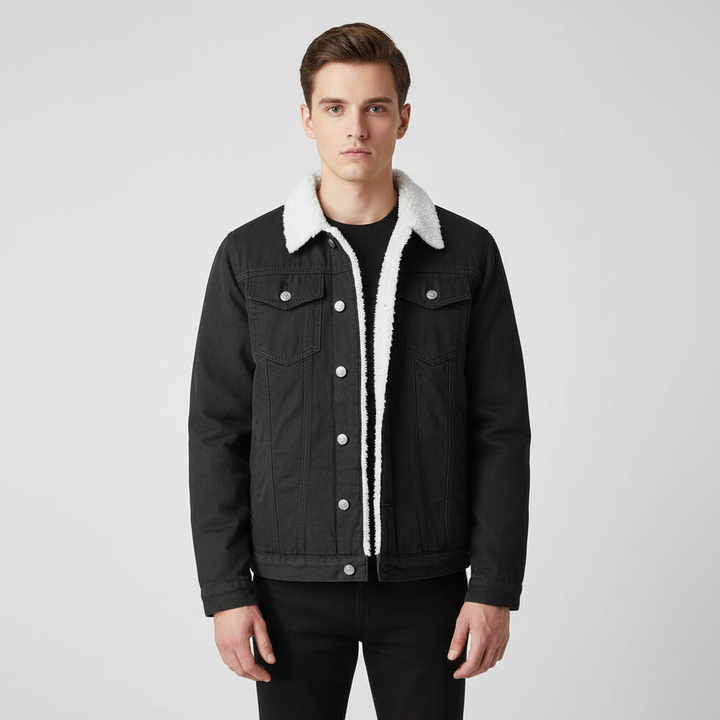 Black men's insulated denim button-front jacket with a soft fleece lining, perfect for chilly autumn days.