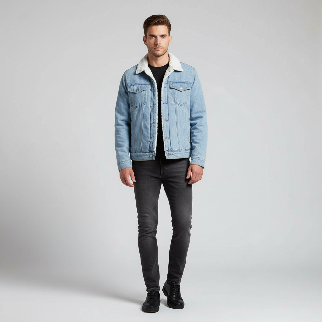 Stylish men's blue denim button jacket. Insulated, fleece-lined, a casual outerwear essential for winter.