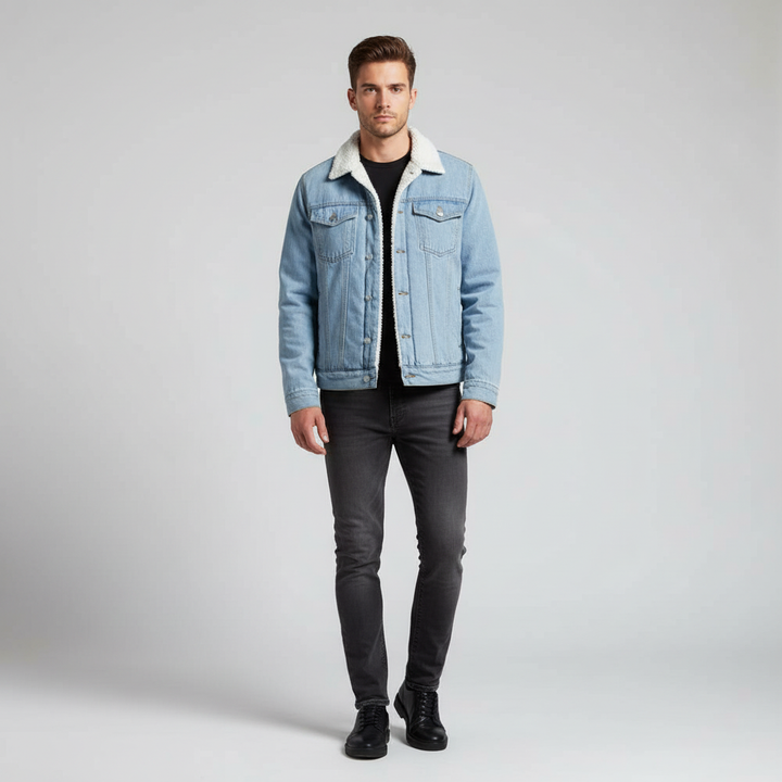 Stylish men's blue denim button jacket. Insulated, fleece-lined, a casual outerwear essential for winter.