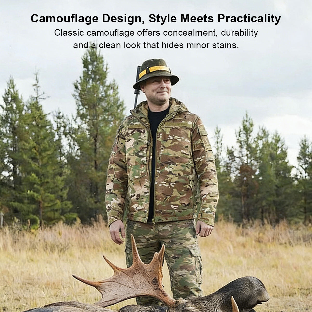 Full men's insulated camo set, including warm hoodie and thermal pants