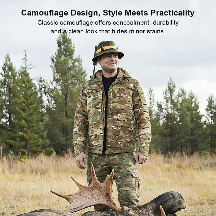 Full men's insulated camo set, including warm hoodie and thermal pants