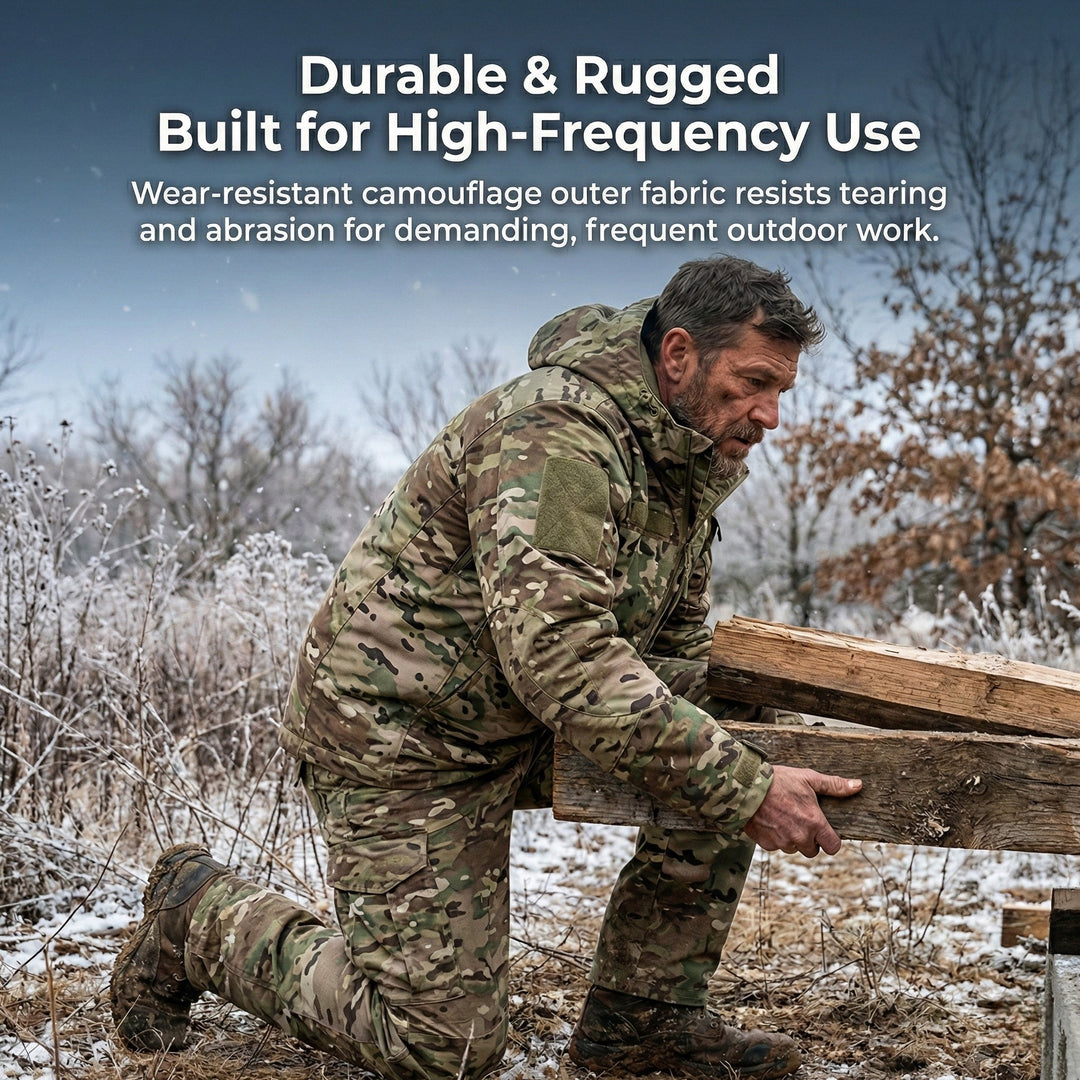 Men's hunting hoodie and matching camo work pants, thermal insulation