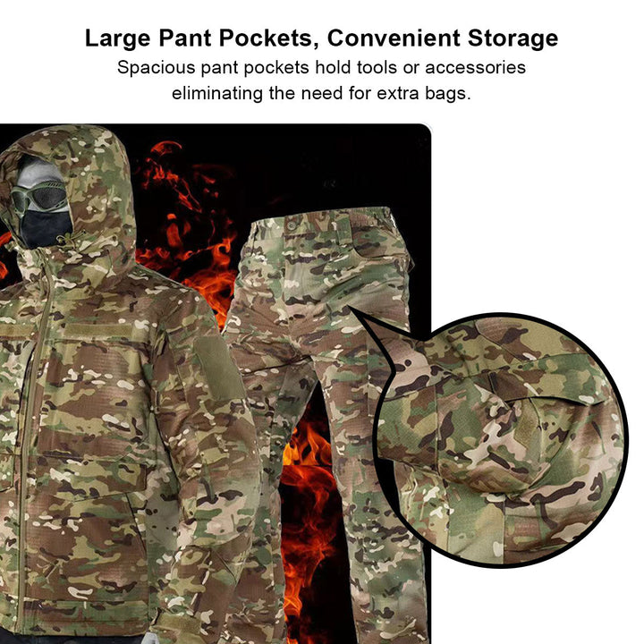 Thermal hunting jacket and camouflage trousers for cold weather work