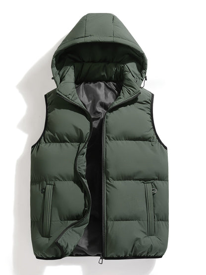 Men's insulated hooded puffer vest for winter layering. Lightweight, weather-resistant activewear for outdoor use.