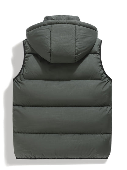 Versatile men's hooded puffer vest for easy layering. Insulated & lightweight, perfect for outdoor winter activities.