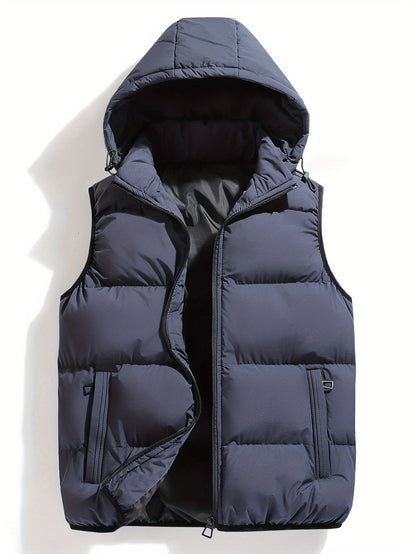Warm men's insulated puffer vest with hood. Weather-resistant outerwear, lightweight for active winter layering.