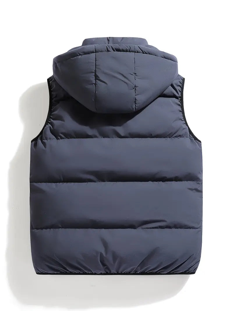 Durable men's hooded puffer vest for outdoor activewear. Insulated, weather-resistant, perfect lightweight winter layer.