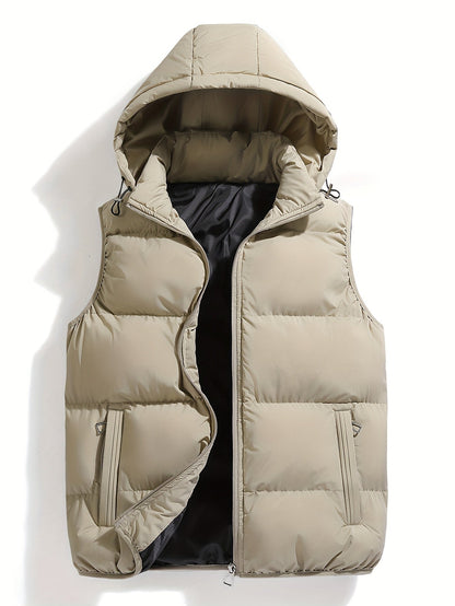 Protective men's insulated hooded vest. Weather-resistant puffer, lightweight for comfortable winter layering outdoors.