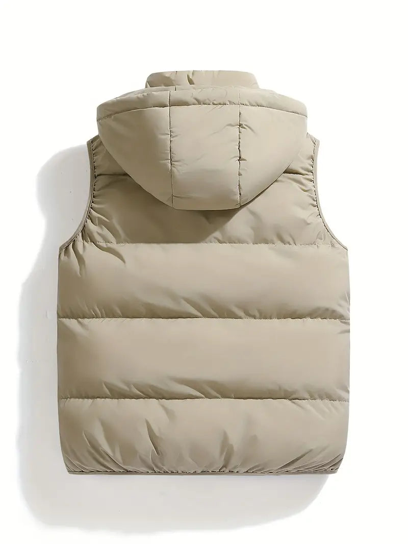 Stylish men's puffer vest with hood. Insulated & lightweight for versatile winter layering and outdoor active use.