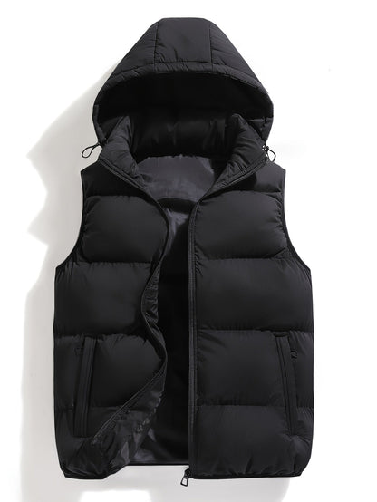 Multi-use men's hooded puffer vest. Insulated, weather-resistant, and lightweight for various winter layering needs.