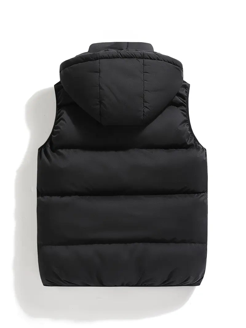 Comfortable men's insulated hooded puffer vest. Lightweight, weather-resistant, ideal for active winter outdoor layering.