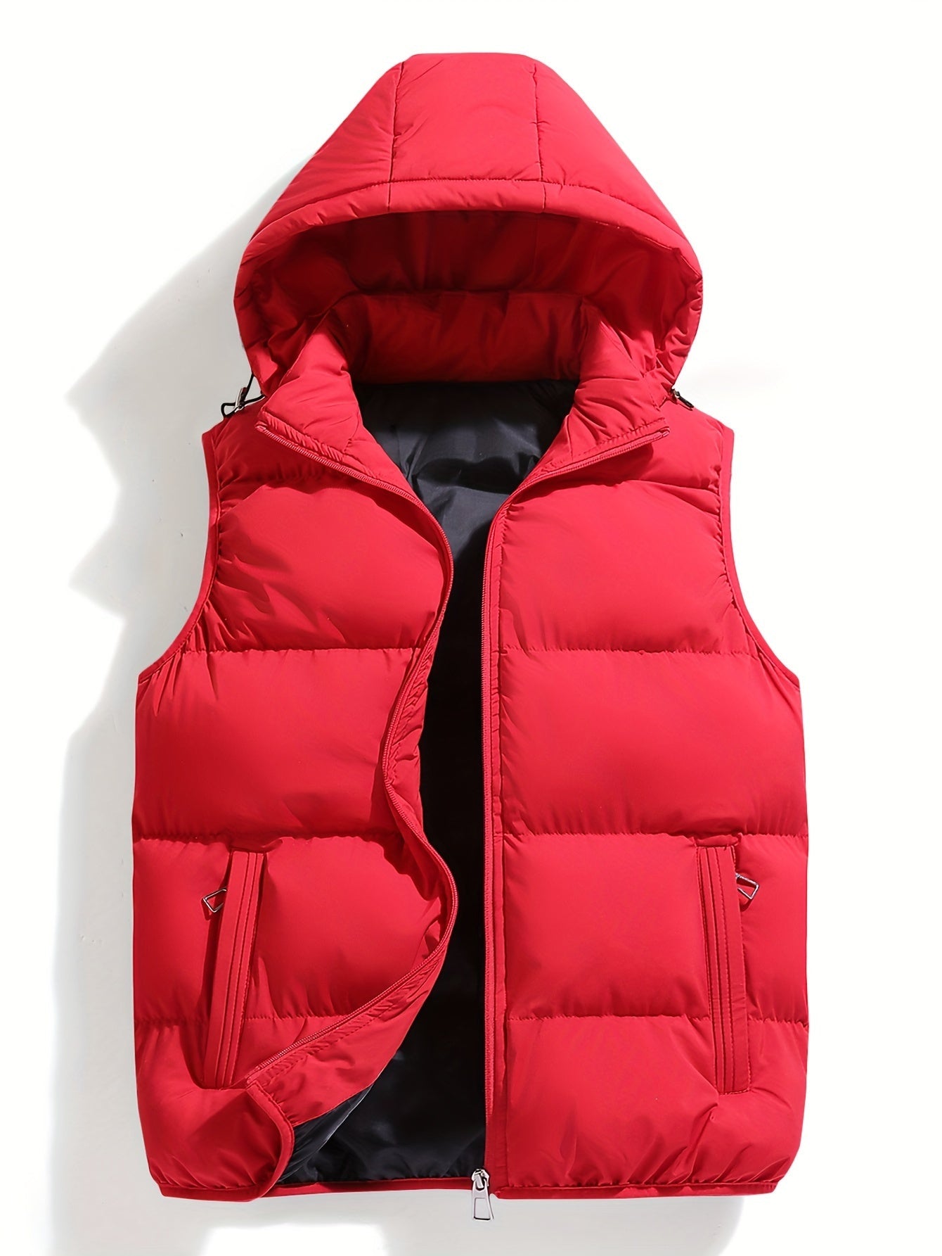 Warm & dry men's insulated hooded puffer vest. Lightweight, weather-resistant activewear for winter outdoor layering.