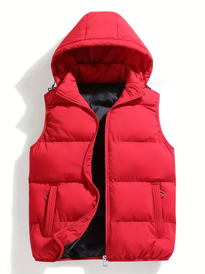 Warm & dry men's insulated hooded puffer vest. Lightweight, weather-resistant activewear for winter outdoor layering.