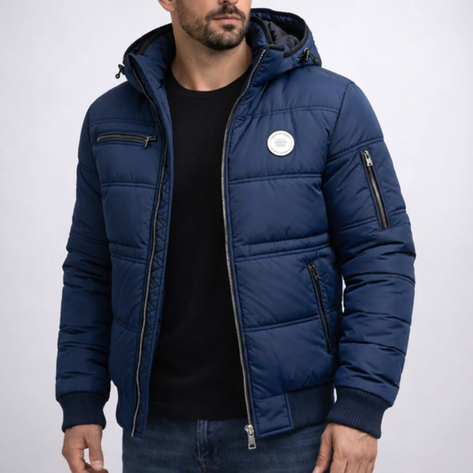 Men's insulated padded jacket, providing all-weather warmth & style for cold weather outdoor wear.