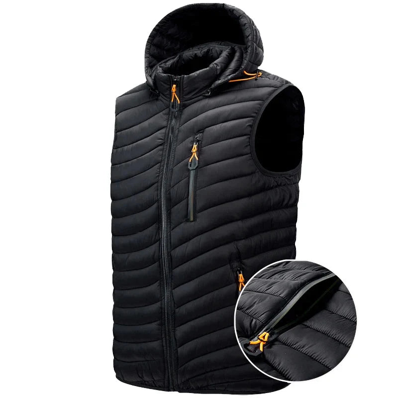 Men's insulated puffer vest with a practical detachable hood, perfect for cold weather layering.